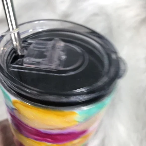 20 Ounce Tumbler Hand-Painted Pinks Pearl Teal Yellow Lid And Straw - Picture 14 of 16